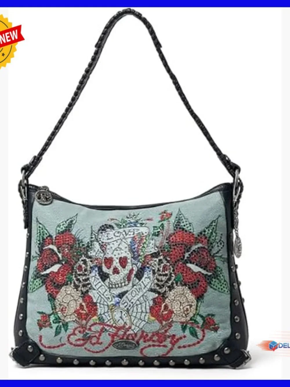 Large Hobo Bag with Stud and Rhinestone Accents, Faux Leather Strap